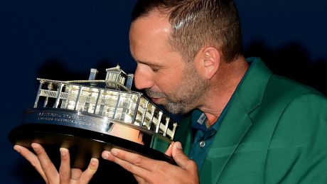 AUGUSTA, GA - APRIL 09: Sergio Garcia of Spain celebrates with the Masters Trophy during the Green Jacket ceremony after ...