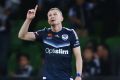 Besart Berisha of the Victory celebrates their win after kicking his 100th goal during the round 27 A-League match ...