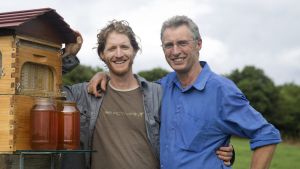 Father and son Stuart and Cedar Anderson with their invention the Flow Hive, which has been  patented around the world.