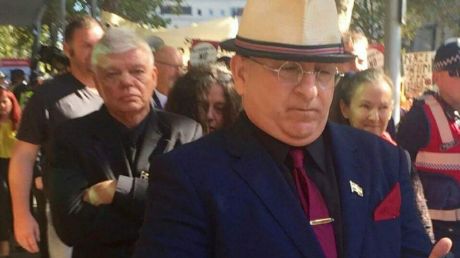 Extremist and online troll Nathan Sykes (in front) and chairman of the Australia First party, Jim Saleam (behind) ...