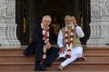 Australia's Prime Minister Malcolm Turnbull and India's Prime Minister Narendra Modi visit Akshardham Mandir hindu ...
