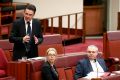 Senator Nick Xenophon, Senator Skye Kakoschke-Moore and Senator Stirling Griff during debate in the Senate, at ...