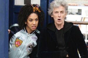 British actor Peter Capaldi, in costume as Doctor Who, and Pearl Mackie as his new companion Bill Potts, pose with a ...