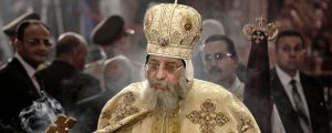 Egyptian Coptic Pope Tawadros II leads prayers during the Easter Eve service at St Mark's Cathedral in Cairo.