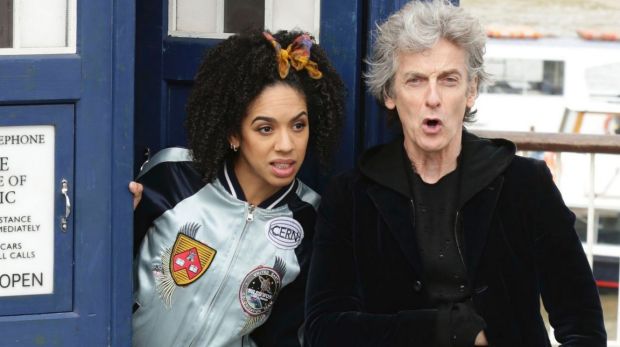 British actor Peter Capaldi, in costume as Doctor Who, and Pearl Mackie as his new companion Bill Potts, pose with a ...