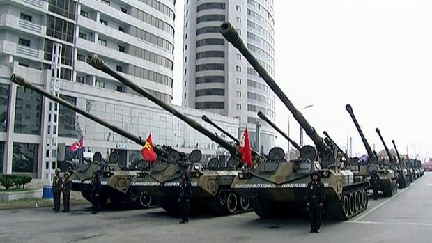 In this image made from video broadcast by North Korean broadcaster KRT, military tanks prepare for a parade at Kim ...