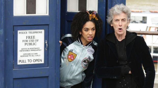 British actor Peter Capaldi, in costume as Doctor Who, and Pearl Mackie as his new companion Bill Potts, pose with a ...