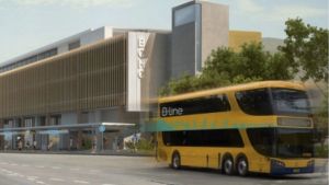An artist's impression shows a new B-Line style bus leaving a new stop at Brookvale.