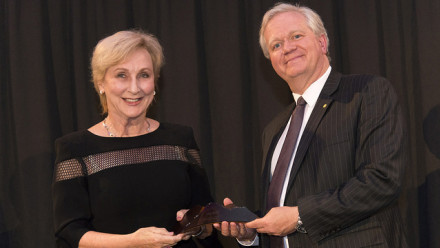 Professor Schmidt with 2017 ANU Alumni of the Year Elizabeth Bryan AM. Photo by Ricky Lloyd.