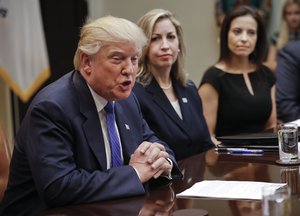 President Donald Trump speaks during a meeting on domestic and international human trafficking, Thursday, Feb. 23, 2017, in the Roosevelt Room of the White House in Washington.