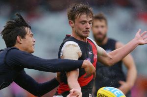 MELBOURNE, AUSTRALIA - APRIL 09: Andrew Walker of the Blues tackles Martin Gleeson of the Bombers during the round three ...