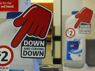 Coles supermarket signs. Sign. Down. Logo. Big red hand.
