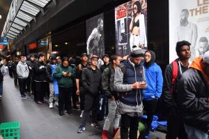 People line up for limited edition runners. Opening of Foot Locker, Bourke st Mall Melbourne. Runners, Speakers , ...