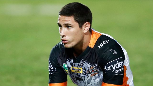 TOWNSVILLE, AUSTRALIA - APRIL 08: Mitchell Moses of the Tigers warms up prior to the round six NRL match between the ...