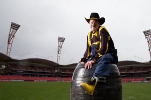 Dennis Halstead, a rodeo clown in his barrel, at the Easter Show in Sydney. 4th April 2017 Photo: Janie Barrett