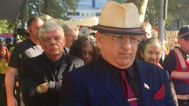 Nathan Sykes (front) and chairman of the Australia First party, Jim Saleam (behind) attending Melbourne Magistrates ...