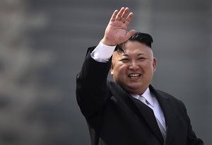 North Korean leader Kim Jong Un waves during a military parade on Saturday, April 15, 2017, in Pyongyang, North Korea to celebrate the 105th birth anniversary of Kim Il Sung, the country's late founder and grandfather of current ruler Kim Jong Un.