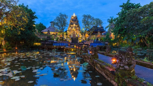 Pura Saraswati Temple with beatiful lotus pond at dusk before the dancing show, Ubud, Bali.