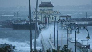 Wild windy weather hits St Kilda Beach on Monday morning.