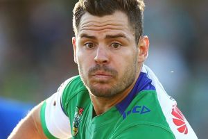 Aidan Sezer of the Raiders runs the ball against the Parramatta Eels.