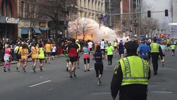 The explosion at the finish line of the Boston Marathon in 2013.