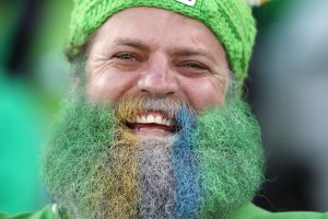 A Raiders fan shows his colours at GIO Stadium on April 15, 2017 in .