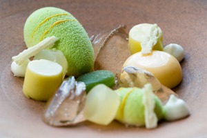 A Gin and Tonic dessert with 14 elements flavoured with gin, lime, and white chocolate.