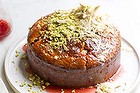 Banana, rhubarb and yoghurt cake with pistachios and halva.