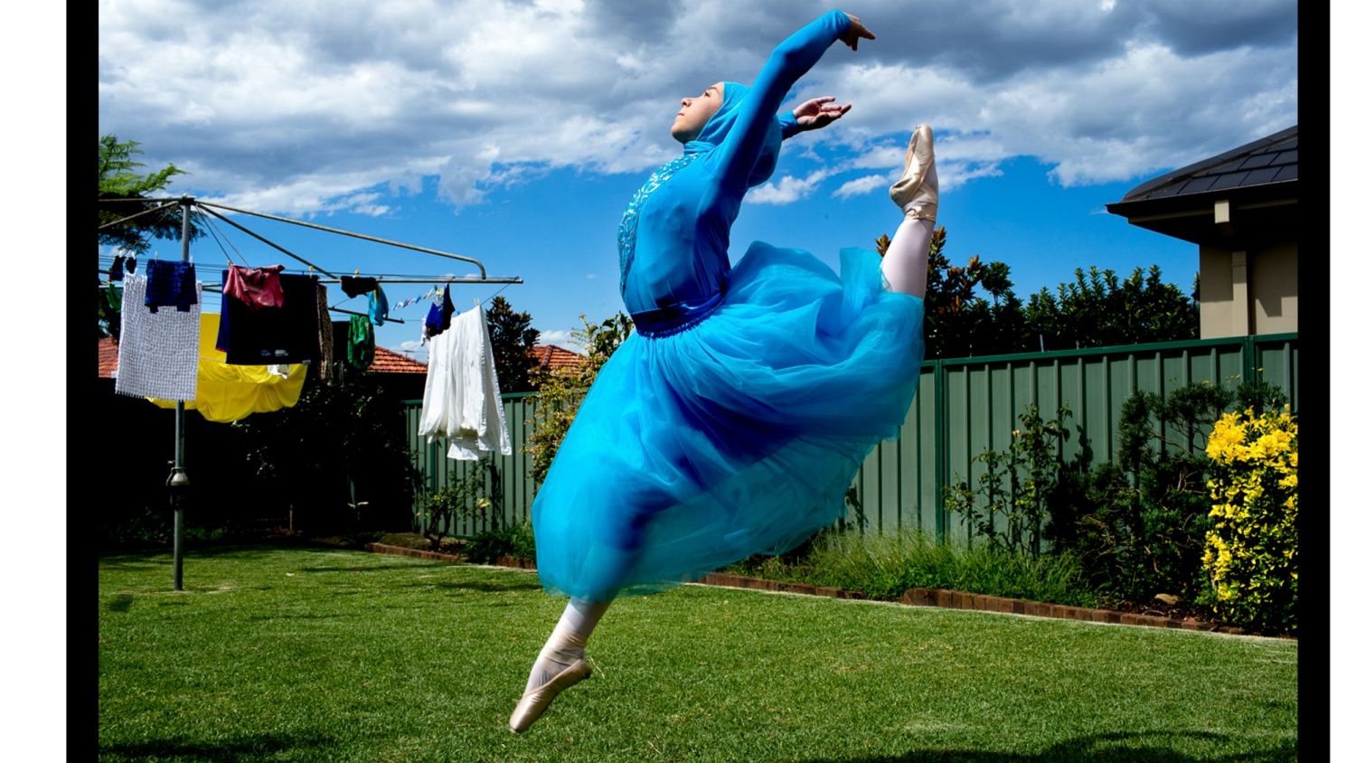 Ballerina Stephanie Kurlow, 14, practicing ballet in her backyard. Stephanie Kurlow, who is crowd sourcing to raise money to become the first Muslim hijabi ballerina in the world. Photo by Edwina Pickles. Taken on 31st jan 2016. <cite>Photo: Edwina Pickles</cite>