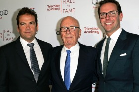 Rupert Murdoch, center, and his sons, Lachlan, left, and James Murdoch attend the 2014 Television Academy Hall of Fame ...