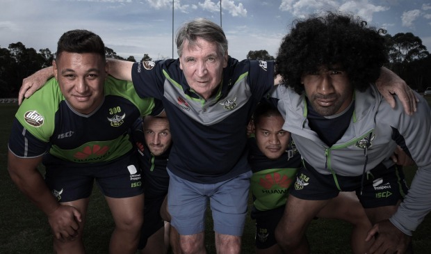 Dennis Richardson Secretary of the Department of Defence with his team the NRL Canberra Raiders at Raiders HQ in ...