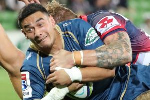 MELBOURNE, AUSTRALIA - APRIL 15: Wharenui Hawera of the Brumbies is tackled during the round eight Super Rugby match ...