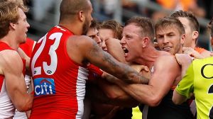 Flashpoint: Steve Johnson and Lance Franklin clash at the quarter time break during the 2016 AFL First Qualifying Final ...