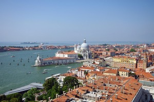 Venice viewed from St. Mark's Campanile on famous Basilica Santa Maria della Salute.