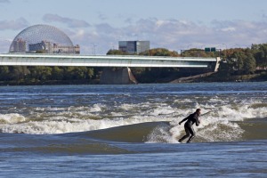 Surfing the rapids in Montreal.