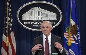 Attorney General Jeff Sessions speaks during a news conference at the Justice Department in Washington, Thursday, March 2, 2017.