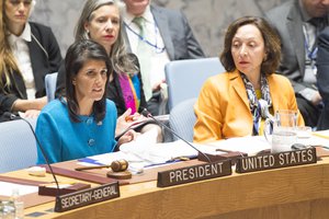 Nikki Haley (left), United States Permanent Representative to the UN and President of the Security Council for April, addresses the Council's meeting on the situation in the Middle East, including the Palestinian question, 20 April, 2017.