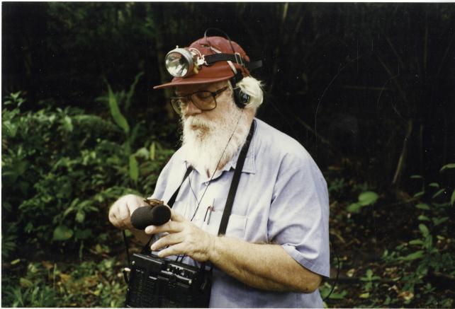 A. Stanley Rand, a herpetologist and Senior Biologist at STRI, capturing the sound of frogs in Panam