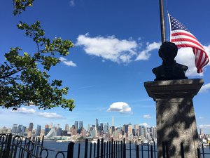 Hamilton Park in Weehawken, NJ on July 11 2016, exactly 212 years after Aaron Burr shot and killed Alexander Hamilton on the same ground. The skyline of New York City clearly seen in the background.