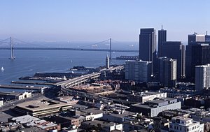 San Francisco's Embarcadero Skyway, Ferry Building, and portions of the waterfront and downtown.