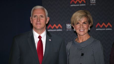 US Vice President Mike Pence poses for a photograph next to Australian Foreign Minister Julie Bishop during a visit to ...