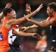 That winning feeling: Sam Reid and Jonathon Patton of the Giants celebrate a goal.