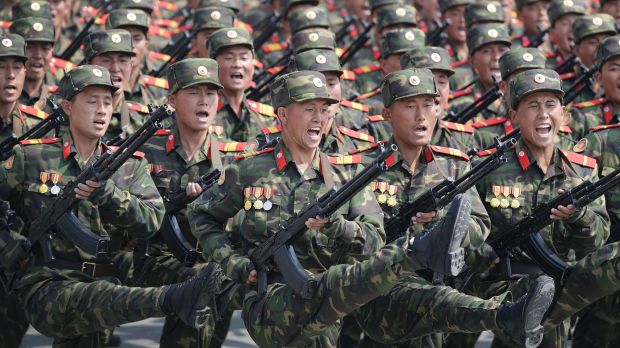 Soldiers march across Kim Il-sung Square during a military parade in Pyongyang last week.