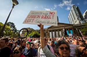 Members of Melbourne's science community are seen at the State Library during the 'March For Science'