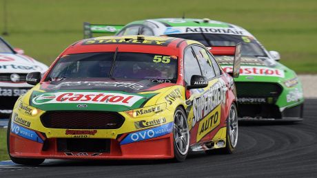 Chaz Mostert ahead of Mark Winterbottom during race 6 for the Phillip Island 500.