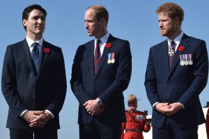 Canadian Prime Minister Justin Trudeau, left, Britain's Prince William, Duke of Cambridge and Britain's Prince Harry, ...