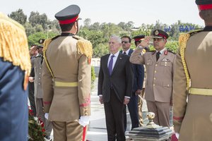 Defense Secretary Jim Mattis and Egyptian Gen. Ayman Abdel Hamid Amer, commander of the Central Military Zone, lay wreaths at the Unknown Soldier Memorial in Cairo, Egypt, April 20, 2017.