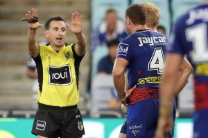 Referee Gerard Sutton sends Brenko Lee to the sin bin.