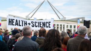 Protesters gather outside Parliament House for the March for Science.