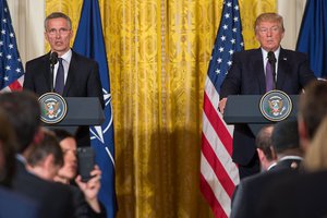 File - President Donald J. Trump and NATO Secretary General Jens Stoltenberg hold a news conference following meetings at the White House, April 12, 2017.